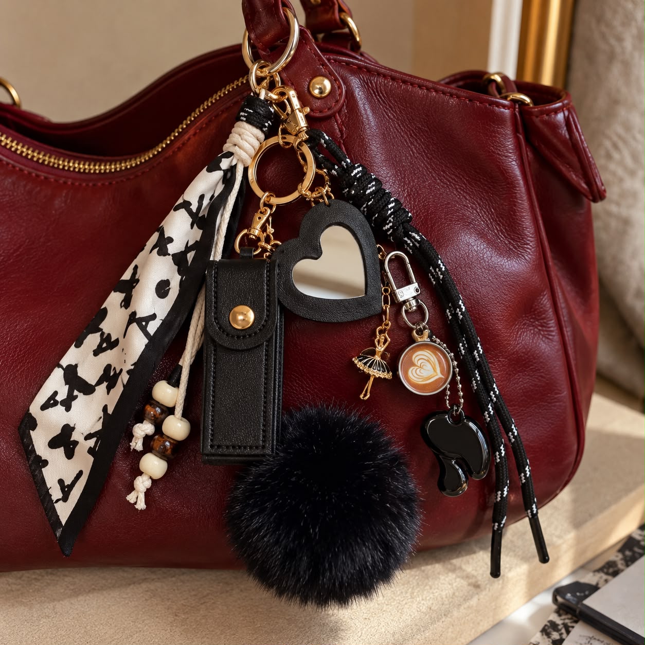 Bolsa vermelha com lenço preto e branco e charms: espelho coração, estojo preto, pompom preto, café e balé