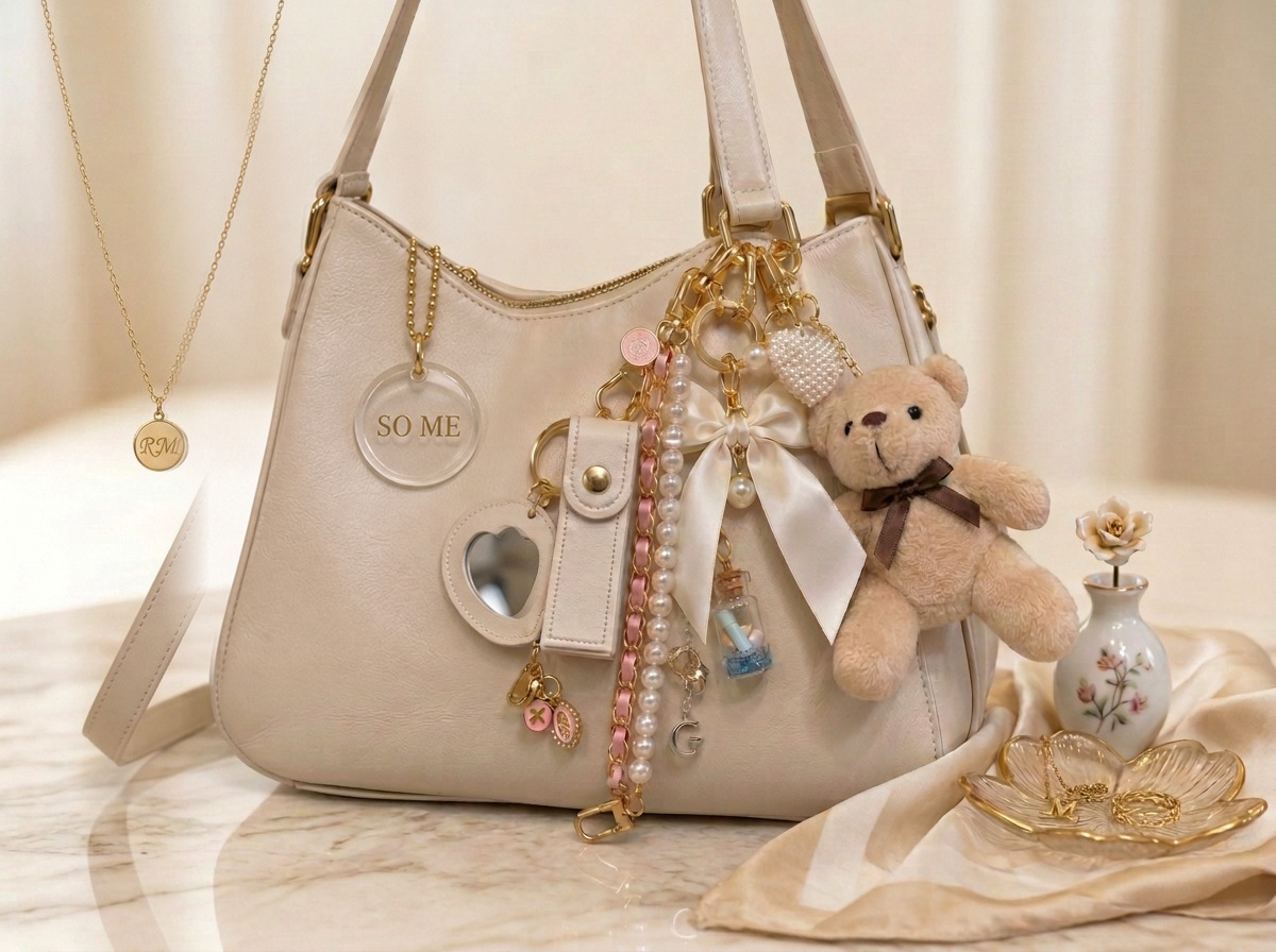 Bolsa clara com charms So Me pendurados: urso de pelúcia, laço de cetim, pérolas e detalhes dourados