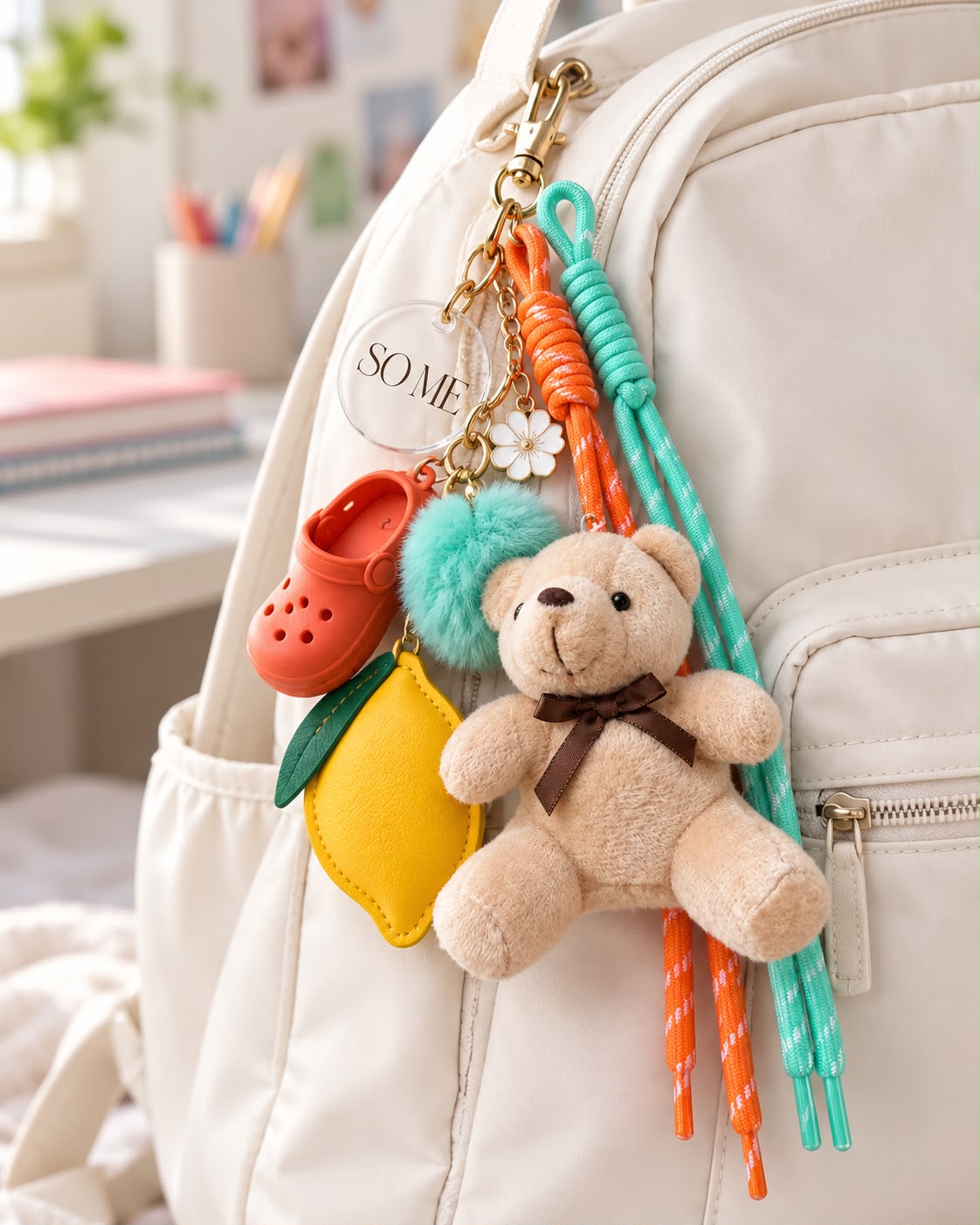 Mochila clara com charms: cords laranja e turquesa, urso de pelúcia, chinelo coral, limão e flor branca