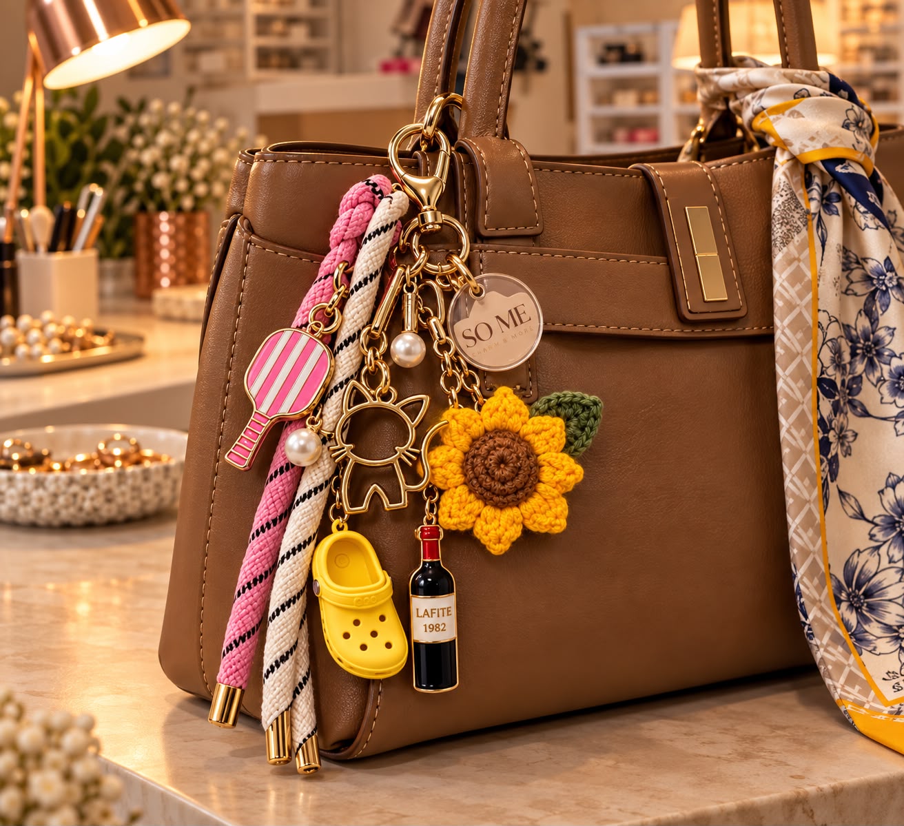 Bolsa caramelo com charms: raquete rosa, gatinho dourado, girassol de crochê, chinelo amarelo e garrafinha de vinho