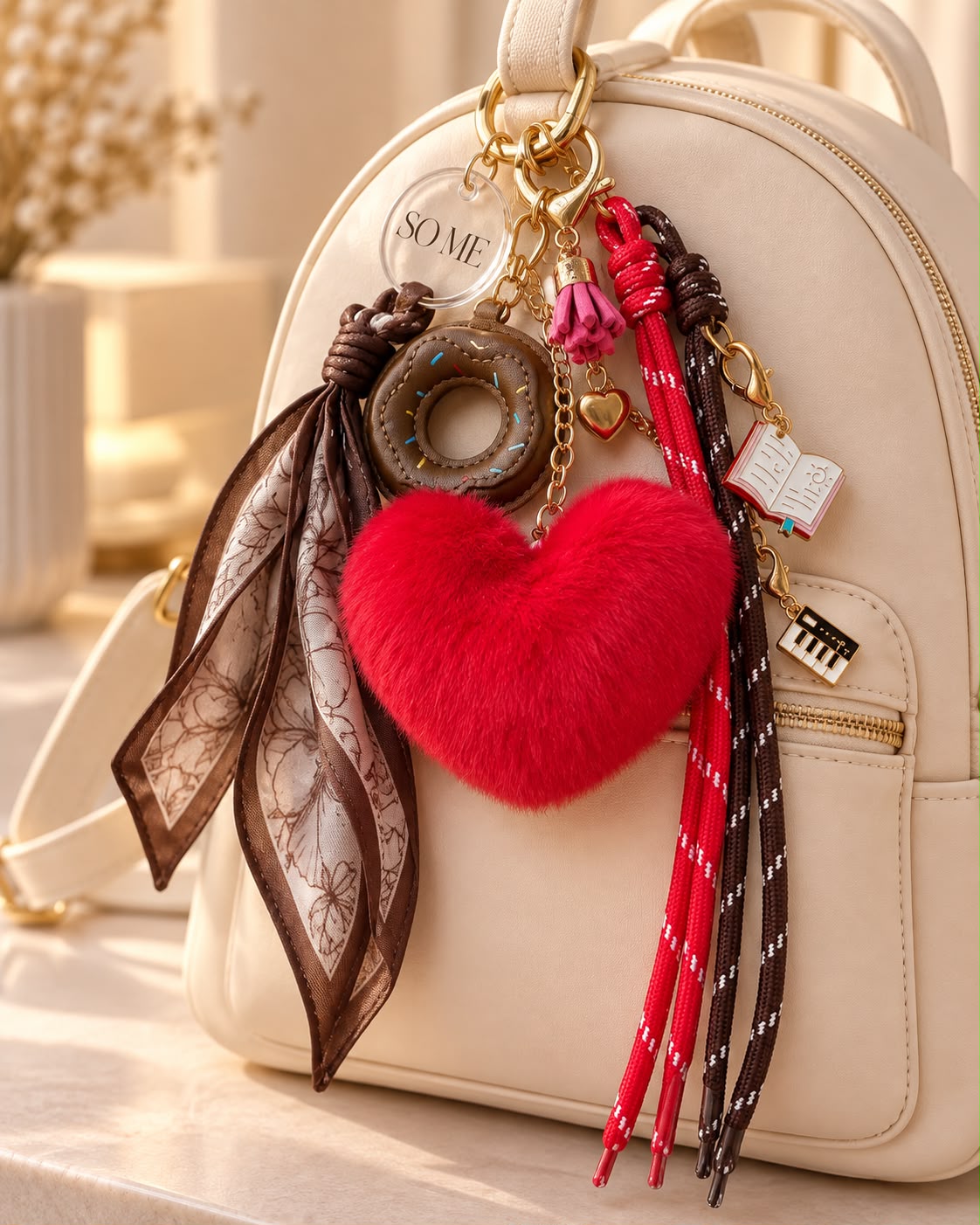 Mochila clara com lenço marrom e charms: coração vermelho de pelo, donut, livro e piano dourados e cords vermelho e marrom