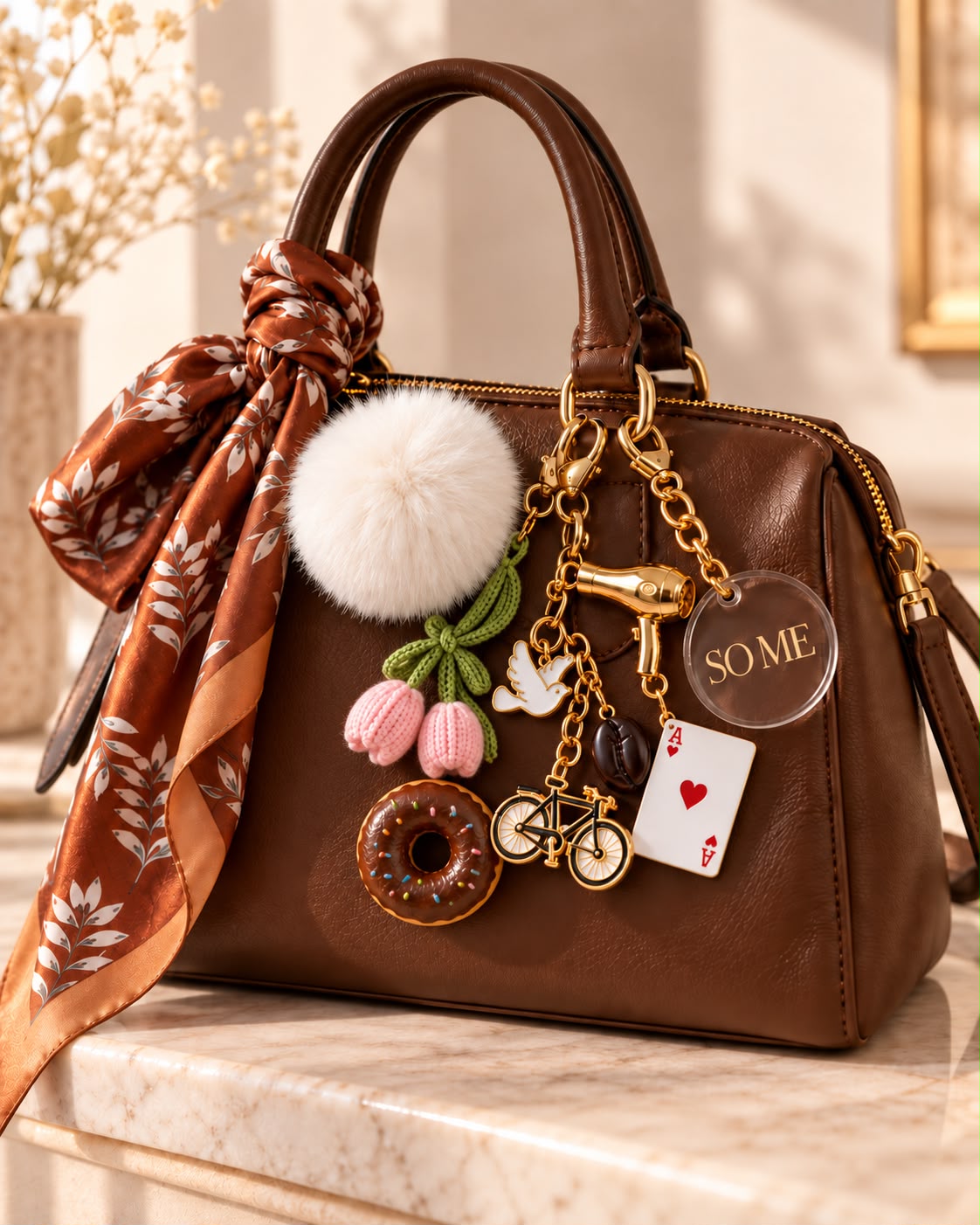Bolsa marrom com lenço estampado e charms: pompom branco, tulipas de tricô, donut, bicicleta dourada e carta de ás