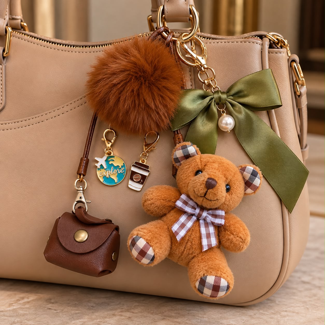 Bolsa bege com charms: pompom caramelo, urso de pelúcia, laço verde, chaveiro explore e cafezinho