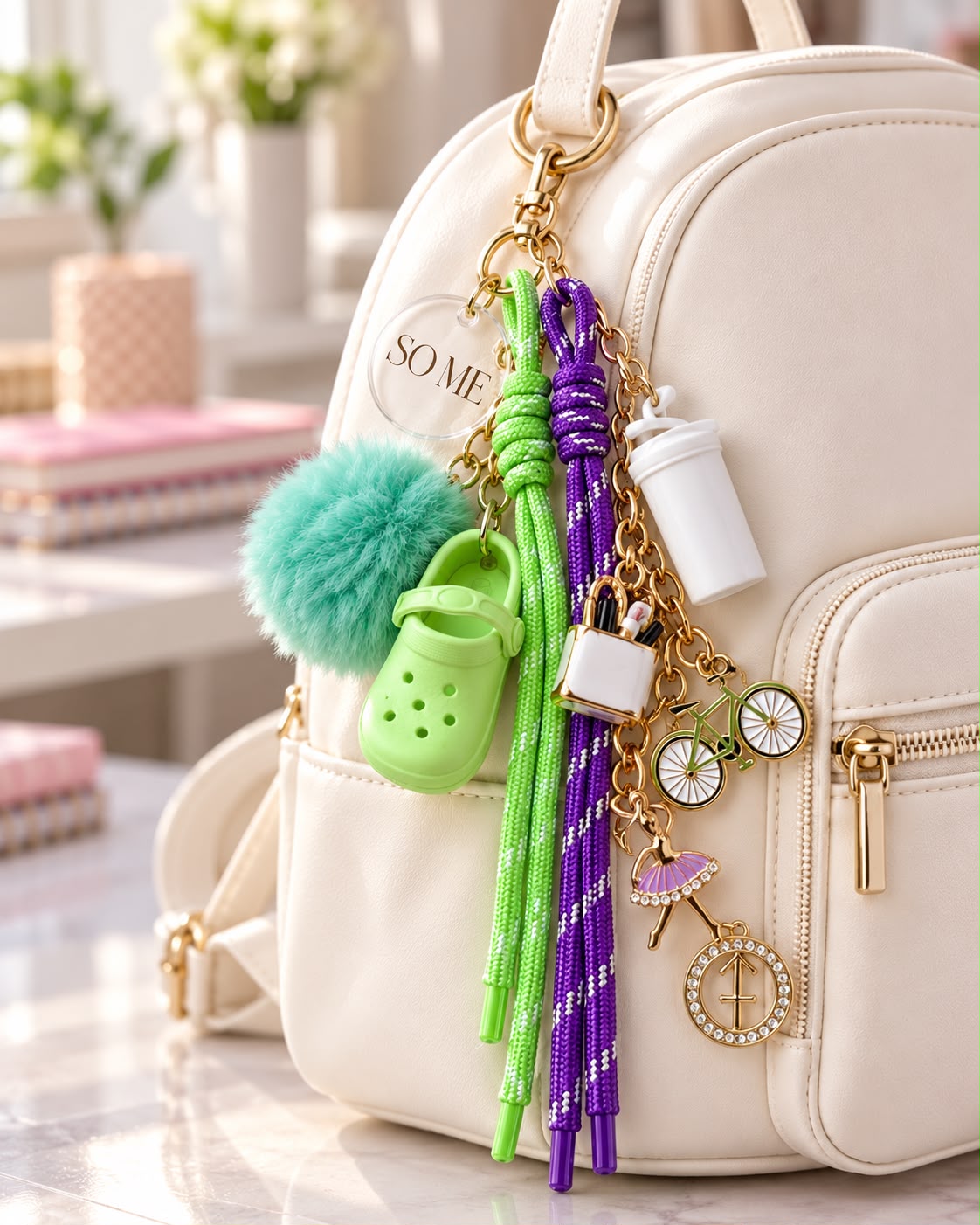 Mochila clara com charms: pompom turquesa, chinelo verde, cords verde e roxo, bike dourada, copo branco e balé