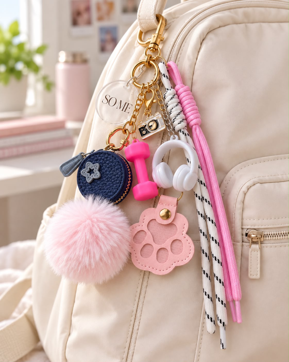 Mochila clara com charms: cords rosa e branco, case azul, halter rosa, fones brancos, patinha e pompom rosa